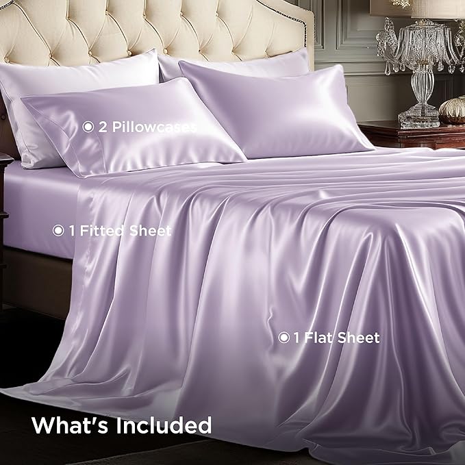 Bedsure Satin Sheets King Size - 4 Piece Silky Bedsheets with 15 Inches Deep Pocket Fitted Bedsheet,1 Flat Sheet, 2 Satin Pillowcases, Good for Hair & Skin (King, Lavender)