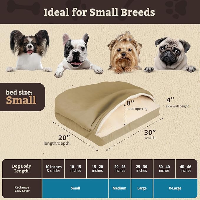 Snoozer Rectangle Cozy Cave Dog Bed - Indoor Dog Bed with Cover Cave, Covered Calming Burrow for Small Sized Pets with Blanket Attached, Enclosed, Washable Cover - Small, Khaki
