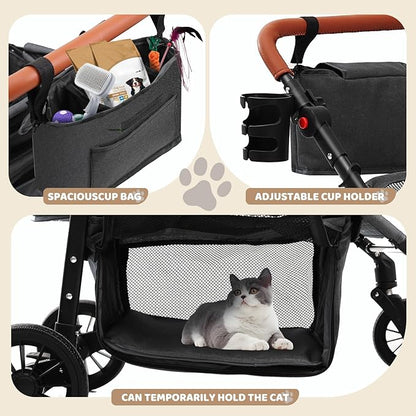 Dog Stroller for Small Pets, All-Terrain 4-Wheel Cat & Dog Carrier with 360° Front Wheels, Adjustable Handle & Canopy|Cup Holder & Storage Basket|Foldable in One Step|Ventilated Design for Comfort