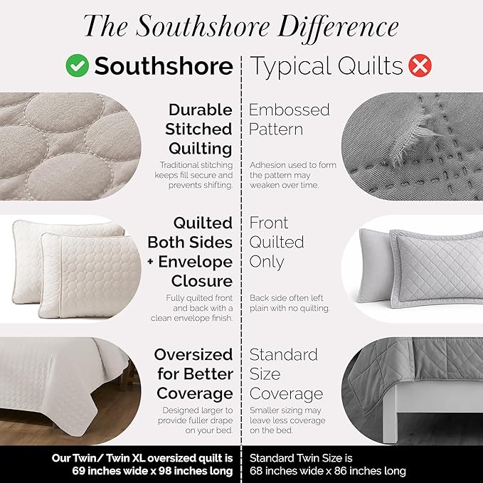 Southshore Fine Living, Inc. Dorm Comforter, Twin/XL Quilt Bedding Set, College Dorm Room Bedding Essentials, Stain Resistant, Machine Washable, XL/Twin Quilt Bed Spread with Pillow Sham, Bone Color