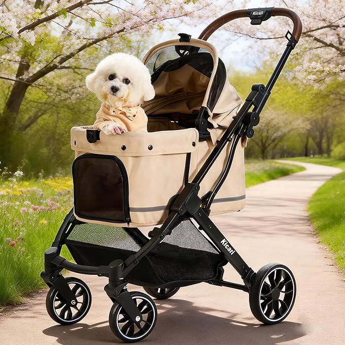All-Terrain Dog Stroller for Small to Medium Dogs, Pet Stroller for Dogs & Cats Outdoor Walks, One-Hand Easy Fold, Double-Layer Anti-UV & Waterproof Canopy & Breathable Mesh, Vanilla Beige