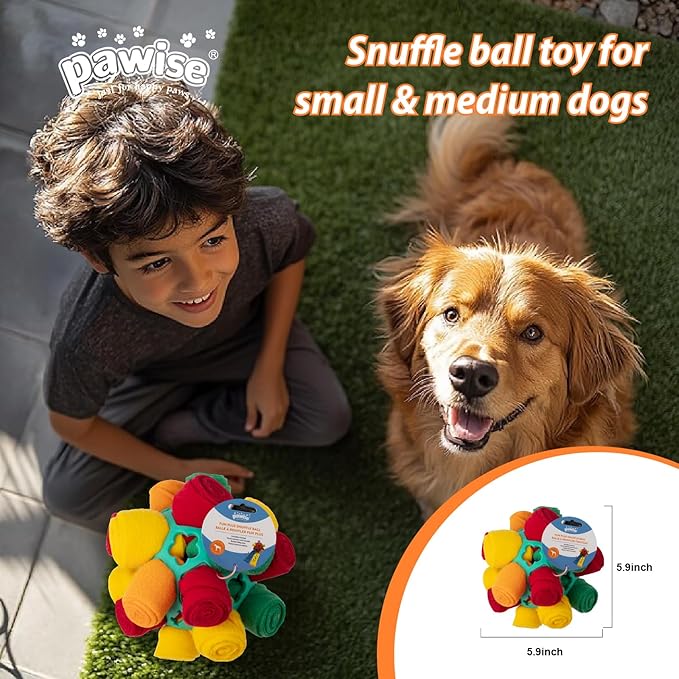 PAWISE Snuffle Ball for Dogs, Sniffle Treat Puzzle Toy, Dog Snuffle Ball Slow Feeder, Enrichment Toy for Mental Stimulation, Machine Washable for Small Dogs (Random Color Streaks) (Small)