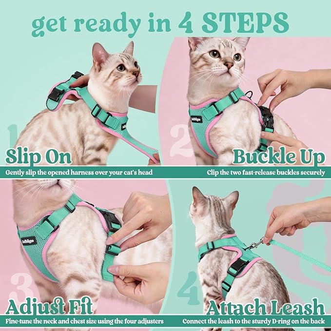 rabbitgoo Cat Harness and Leash for Walking, Escape Proof Soft Adjustable Vest Harnesses for Cats, Easy Control Breathable Reflective Strips Jacket, Green&Pink, XXS