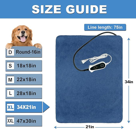 Bestio Large Dog Heating Pad,34x21 in Heated Dog Bed with Constant Heat MET&UL Certified Pet Heating Pad,Chew-Resistant Cord,Waterproof Washable Cover - Blue