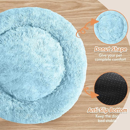 JOLLYVOGUE Calming Dog Bed Medium Size Dog, 31in Donut Washable Medium Pet Bed, Anti-Slip & Anti-Anxiety Fluffy Faux Fur Round Dogs Bed, Fits up to 45 lbs Pets (Light Blue)