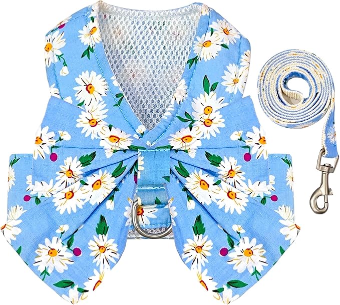 BAEJMJK Dog Harness and Leash Set with Bow Knot No Pull Pet Daisy Floral Harness with D-Ring Soft Mesh Dog Harness Vest Set Escape Proof Princess Puppy Harness for Small Girl Dogs Cats（Blue B XS）