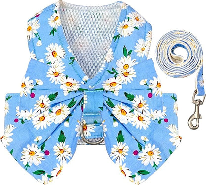 BAEJMJK Dog Harness and Leash Set with Bow Knot No Pull Pet Daisy Floral Harness with D-Ring Soft Mesh Dog Harness Vest Set Escape Proof Princess Puppy Harness for Small Girl Dogs Cats（Blue B XS）