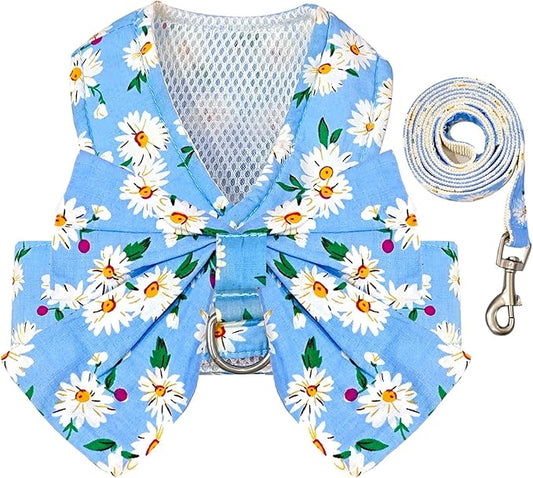 BAEJMJK Dog Harness and Leash Set with Bow Knot No Pull Pet Daisy Floral Harness with D-Ring Soft Mesh Dog Harness Vest Set Escape Proof Princess Puppy Harness for Small Girl Dogs Cats（Blue B XS）