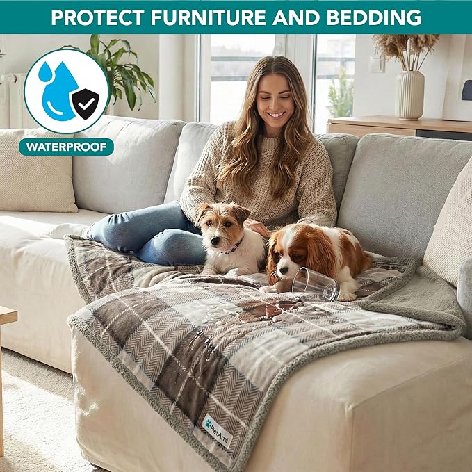 PetAmi Waterproof Dog Blanket for Small Medium Dog Puppy Cat Throw for Couch Cover Leakproof Protection, Sherpa Fleece, Reversible Soft Washable 29x40 Plaid Taupe