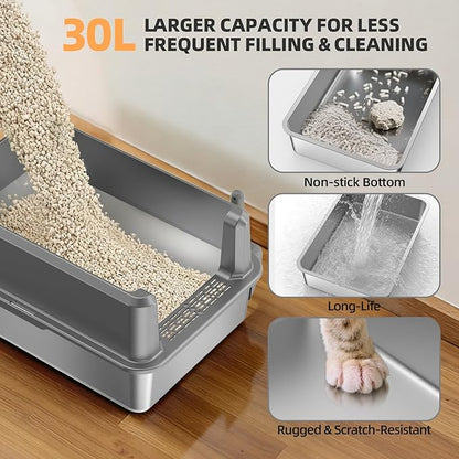 WoofiGo Enclosed Stainless Steel Cat Litter Box with Lid, XL Extra Large Litter Box for Big Cats, Metal Litter Pan High Sided, Never Absorbs Odors, Anti-Urine Leakage, Include Scoop (65-LightGray)