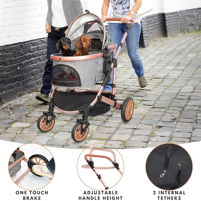 Bicystar Pet Stroller for Medium Dogs, Smooth-Ride Dog Stroller with Detachable Carrier, Rubber Wheels, Car Seat Combo 3-in-1, Up to 50 lbs, for Senior Dogs & Cats, Grey