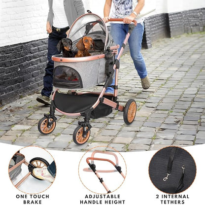Bicystar Pet Stroller for Medium Dogs, Smooth-Ride Dog Stroller with Detachable Carrier, Rubber Wheels, Car Seat Combo 3-in-1, Up to 50 lbs, for Senior Dogs & Cats, Grey