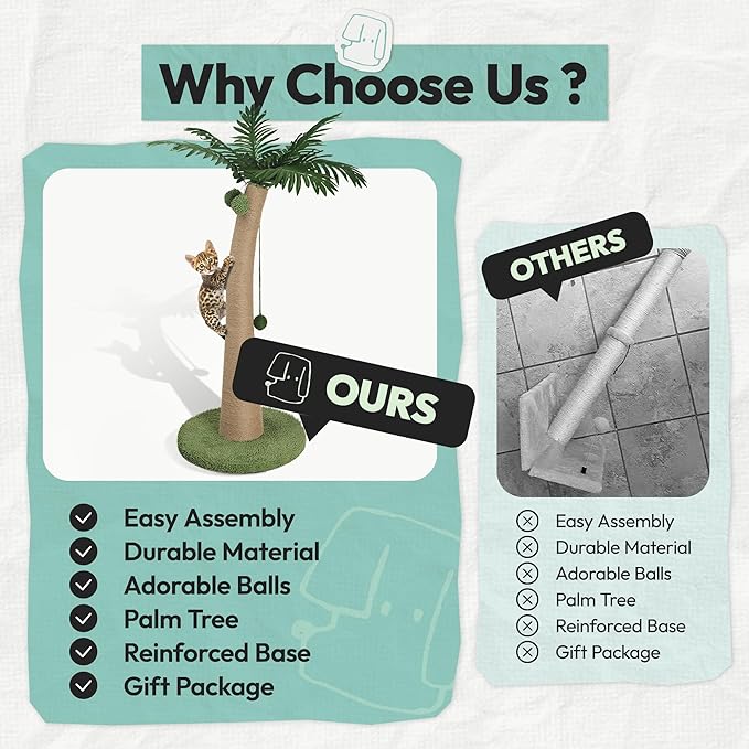 33" Tall Cat Scratching Post, Natural Jute Cat Scratcher for Indoor Cats, Coconut Tree Design with Hanging Toy Ball & Rest Platform, Stable Furniture Protector for Kittens & Adult Cats, S