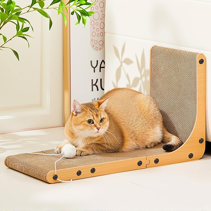 Cardboard Cat Scratcher, 23.6 Inch Cardboard Cat Scratching Post with Fuzzy Ball, Reversible Scratching Pad for Indoor Cats