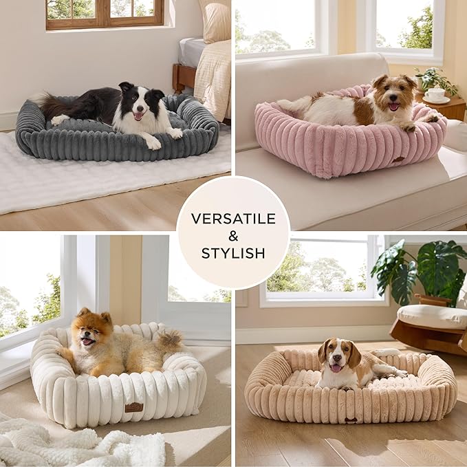 Bedsure ComfyFleece™ Cute Dog Bed Medium Size Dog - Washable Furry Puppy Beds, Rectangle Orthopedic Corduroy Fleece Pet Beds with Removable Zipper Cover, 30x24x8inches,Vintage Indigo
