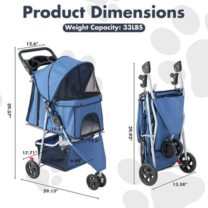 NEWBULIG 3 Wheel Pet Stroller for Dogs and Cats, Foldable, Lightweight and Durable, Ideal for Small to Medium Pets, Includes Storage Basket and Cup Holders