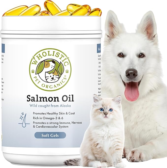 Wholistic Pet Organics Wild Alaskan Salmon Oil for Dogs and Cats - Omega 3 Fish Oil for Dogs & Cats - Cat & Dog Skin and Coat Supplement, Heart and Joint Health - DHA, EPA Omega 3 6 9-100 Soft Gels