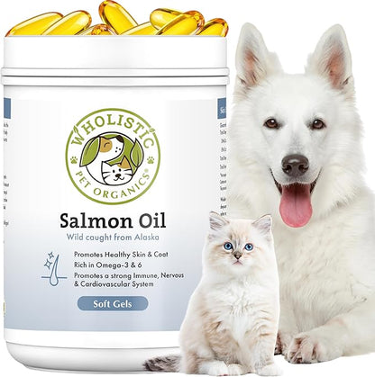 Wholistic Pet Organics Wild Alaskan Salmon Oil for Dogs and Cats - Omega 3 Fish Oil for Dogs & Cats - Cat & Dog Skin and Coat Supplement, Heart and Joint Health - DHA, EPA Omega 3 6 9-100 Soft Gels