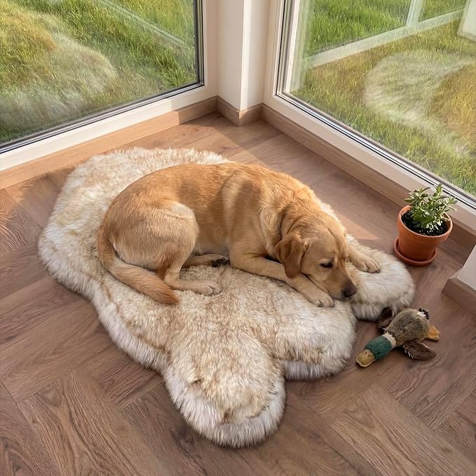 IHAPPYDOG Luxury Faux Fur Orthopedic Dog Bed, Memory Foam Dog Bed for Small, Medium, Large and XL Pets, Fluffy Pet Bed with Waterproof and Washable Cover (White w/Brown Tips, 50"x30")