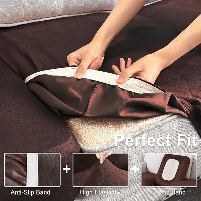 ANARACHON Leather Look Couch Cushion Covers Sofa Seat Slipcovers Sets Couches Furniture Protector for Sectional Armchair Loveseat Pets Kids Stretch Spandex Fabric (3 Cushion Sofa, Chocolate)