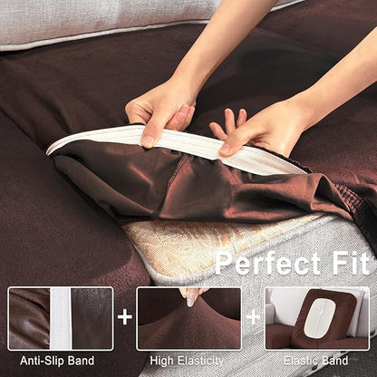 ANARACHON Leather Look Couch Cushion Covers Sofa Seat Slipcovers Sets Couches Furniture Protector for Sectional Armchair Loveseat Pets Kids Stretch Spandex Fabric (3 Cushion Sofa, Chocolate)