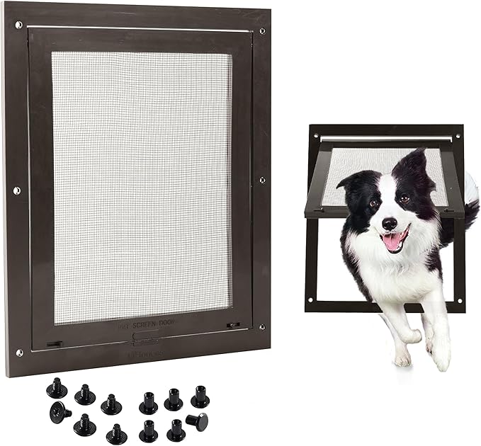 Tongass Easy-to-Install Screen Door Pet Flap 11 4/5" x 16 9/10" Screen Pet Door Suitable for Pets Under 100 Lbs Impact-Resistant Frame with Secure Dual Sliding Locks for Porch and Window Screens
