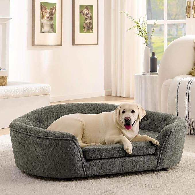 Dog Couch Bed with Oval Semi-Enclosed, Durable Linen Material Pet Sofa with Soft Foam Cushion, Dog Sofa Bed with Legs for Medium Dogs, Dark Grey