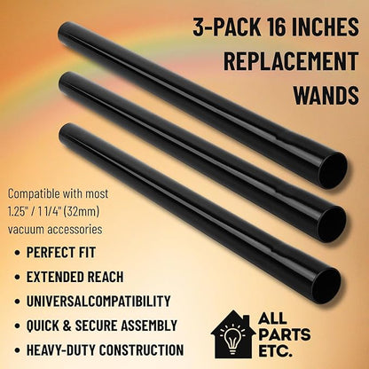 1.25 Inch Vacuum Extension Wands, 32mm Vacuum Accessories & Attachments | 15.75" Extension Wand Vacuum Pipe Tubes for Shop Vac, Wet/Dry Vacuums, and More| with 1-1/4" Fitting (3 Pack)