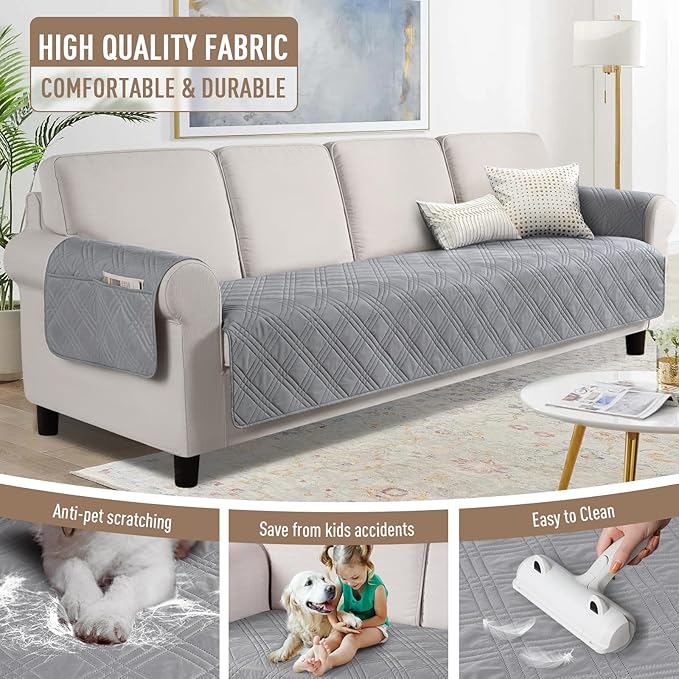 TAOCOCO Waterproof Oversized Couch Covers for Pets Dogs with Non Slip Backing, Sofa Seat Covers with Pocket for 4 Cushion Couch Washable Dog Couch Protector Sofa Slipcovers(Oversized Sofa, Light Gray)