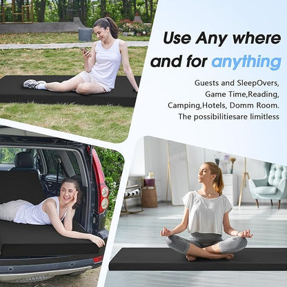 CYMULA Memory Foam Camping Mattress Pad,3inch Sleeping Pad for Camping,Non-Slip Bottom Floor Cot Car Mattress Bed with Retaining Portable Roll up Mattress Pad Mat for Travel Truck Guest Bed Tent