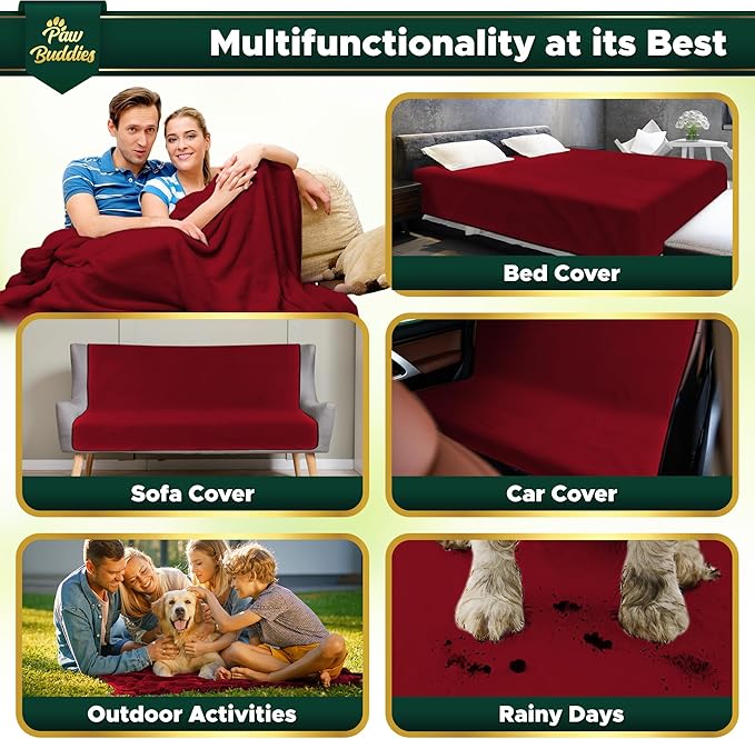 Paw Buddies Premium Waterproof Blanket 80"x90" Velvet-Feel Reversible Throw – Leakproof, Machine Washable Bed & Sofa King Size Protector for Couples, Pets & Travel + Bonus Small Blanket