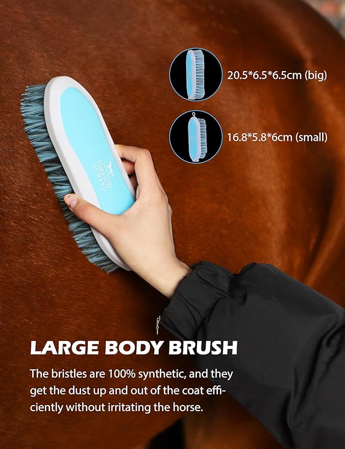 Harrison Howard Horse Grooming Kit 9 Piece with Tote, Non-Slip Silicone Grip Brush Set for Horses, Shedding Bathing Daily Care, Beginner Friendly Soft Blue