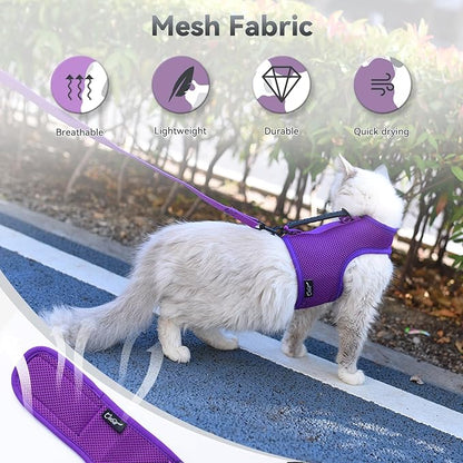 Kitty Harness and Leash for Walking Escape Proof Breathable Mesh Fabric, Purple, Small, Adjustable Cat Walking Jackets with Handle, Padded Stylish Cat Vest