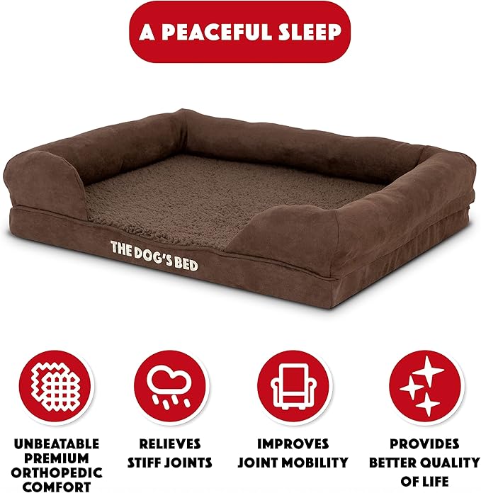 The Dog’s Bed Orthopedic Memory Foam Dog Bed with Bolsters for Small Dogs, Waterproof Washable Cover, Anti-Slip Base, Calming Surface – CertiPUR-Certified Foam, Plush Fabric, Brown Plush, Small