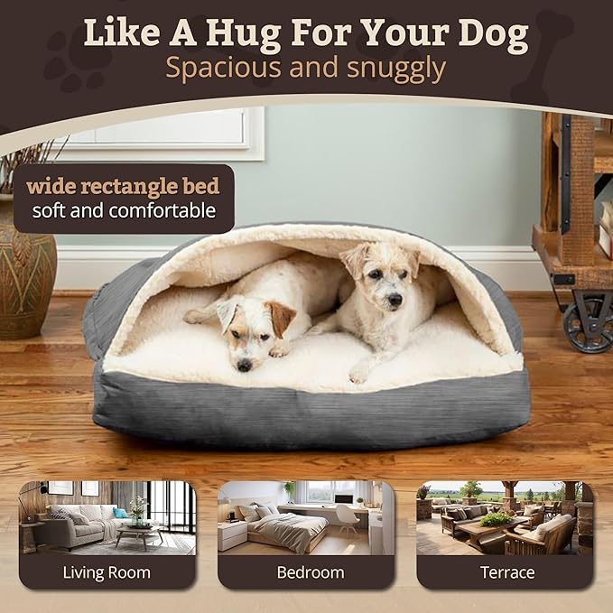 Snoozer Rectangle Cozy Cave Dog Bed - Indoor Dog Bed with Cover Cave, Covered Calming Burrow for Large Sized Pets with Blanket Attached, Enclosed, Washable Cover - XL, Heather Gray