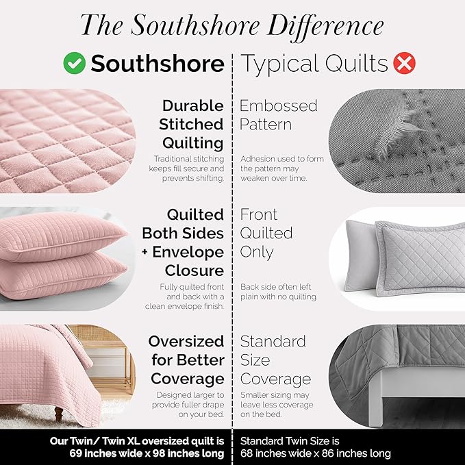 Southshore Fine Living, Inc. Stitched Twin XL Comforter Quilt Bedding Set, Dorm Room Bedding, Stain Resistant, Machine Washable Bedspread, XL/Twin Pink Quilt Bed Spread w/Pillow Sham, Pastel Pink