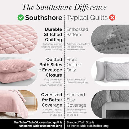 Southshore Fine Living, Inc. Stitched Twin XL Comforter Quilt Bedding Set, Dorm Room Bedding, Stain Resistant, Machine Washable Bedspread, XL/Twin Pink Quilt Bed Spread w/Pillow Sham, Pastel Pink