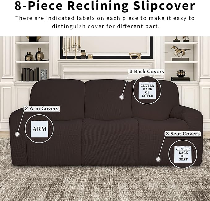Easy-Going 100% Dual Waterproof Recliner Sofa Cover, 8-Pieces Stretch Relining Couch Cover with Pocket, Jacquard 3 Seat Sofa Slipcover Leakproof Washable (Sofa, Chocolate)
