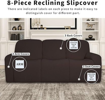 Easy-Going 100% Dual Waterproof Recliner Sofa Cover, 8-Pieces Stretch Relining Couch Cover with Pocket, Jacquard 3 Seat Sofa Slipcover Leakproof Washable (Sofa, Chocolate)