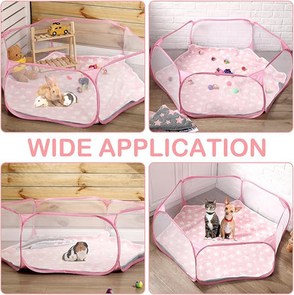 VitalCozy Hamster Playpen with Mat Small Animal Cage Tent Breathable Transparent Guinea Pig Playpen Waterproof Portable Yard Fence Mat Foldable Exercise Playpen Outdoor Indoor (Pink,Star)