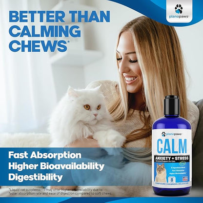 Cat Anxiety Relief 90 Day Supply - Faster Absorption Than Cat Calming Treats - Cat Calming Products for All Ages - Liquid Calming Cat Treats for Sleep Aid - 8 Ingredient Blend + Cat Melatonin