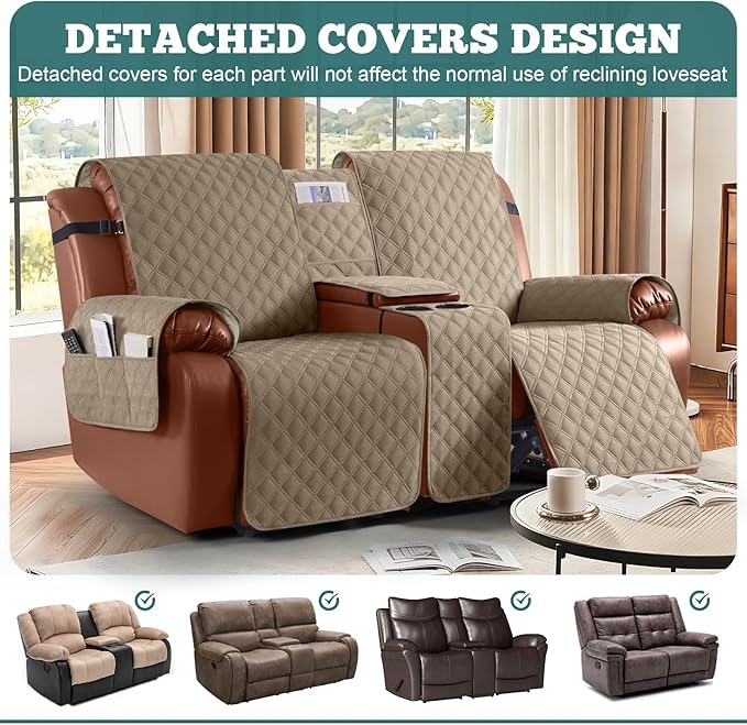 Ruaozz Waterproof Loveseat Recliner Cover with Console Non-Slip Reclining Couch Covers Split Sofa Slipcovers with Elastic Straps Furniture Protector for Kids, Dogs, Pets (Pale Brown, 2 Seater)