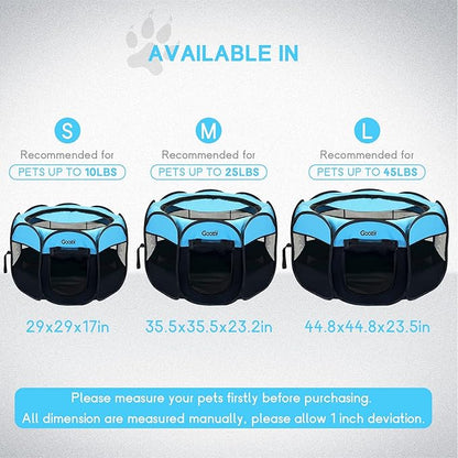 GOOZII Portable Dog Playpen Indoor Outdoor, Collapsible Pet Dog Playpen with Zipper Top Cover, Cat Puppy Bunny Kitten Exercise Play Pen Tent for Beach RV Car (Medium Size,Black Blue)