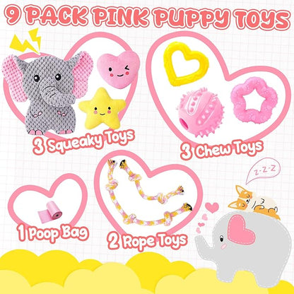 XIUGOAL Pink Puppy Toys - 9 Pack Puppy Chew Toys for Teething, Enrichment Dog Toys for Small Dogs to Keep Them Busy, Squeaky Plush Toy for Boredom