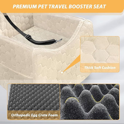 Dog Car Seat for Small/Medium Dogs, Memory Foam Dog Booster Seat, Travel Safety Per Car Seat with Washable Removable Cover, Storage Pockets for Dogs up to 35 lbs (White, Small)