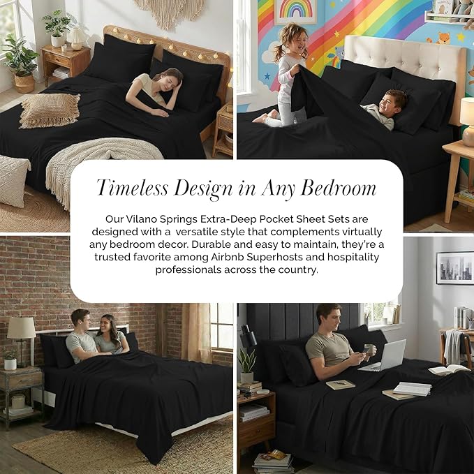 Southshore Fine Living, Inc. 7-Piece Deep Pocket Split King Sheet Set, 21-Inch King Split Sheets for Adjustable Bed, Premium Bedding, Microfiber Bedding, Black Pillow Cases Set of 4, Black Sheets