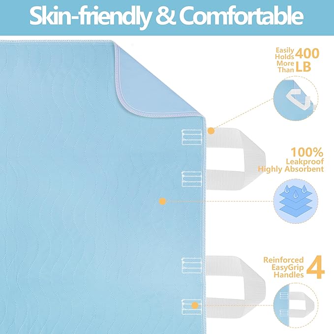 DAHAPYBOO Improvia Positioning Bed Pad 34"x36" with 4 Reinforced Handles,Washable Underpads 4 Pack Incontinence,Heavy Absorbency Reusable for Elderly, Kids Adults, Waterproof Quick Drying for Bed