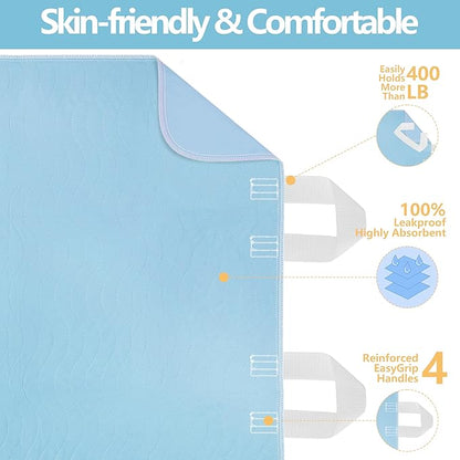 DAHAPYBOO Improvia Positioning Bed Pad 34"x36" with 4 Reinforced Handles,Washable Underpads 4 Pack Incontinence,Heavy Absorbency Reusable for Elderly, Kids Adults, Waterproof Quick Drying for Bed