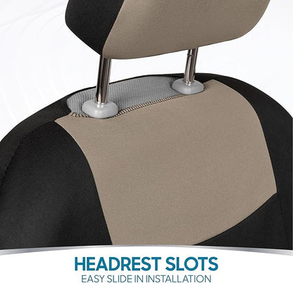 BDK PolyPro Car Seat Covers Full Set in Light Beige on Black, Front and Rear Split Bench Seat Covers for Cars, Easy to Install Car Seats Cover Set and Accessories for Auto Trucks Van SUV - Light Beige