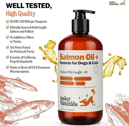 Deley Naturals Wild Alaskan Salmon Oil for Dogs & Cats - New and Improved Salmon Oil Plus Formula - Fish Oil for Dogs with Omega 3, DHA and EPA - Omega 3 for Healthy Skin and Coat - 8oz Made in USA